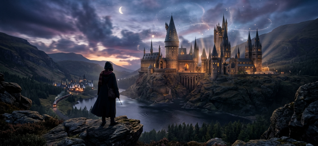 Sylwetka ucznia przed zamkiem Hogwart o zmierzchu. Gra Hogwarts Legacy 2 Warner Bros, gaming i kultura cyfrowa – Polska i świat. Magiczny, epicki krajobraz.