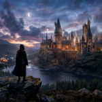 Sylwetka ucznia przed zamkiem Hogwart o zmierzchu. Gra Hogwarts Legacy 2 Warner Bros, gaming i kultura cyfrowa – Polska i świat. Magiczny, epicki krajobraz.