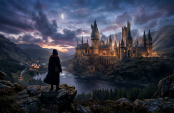 Sylwetka ucznia przed zamkiem Hogwart o zmierzchu. Gra Hogwarts Legacy 2 Warner Bros, gaming i kultura cyfrowa – Polska i świat. Magiczny, epicki krajobraz.
