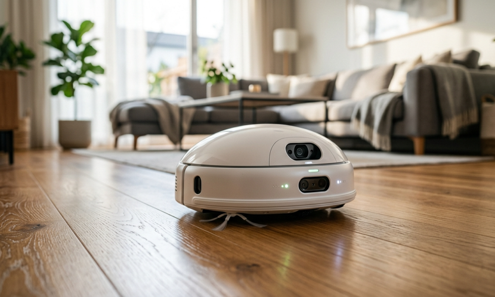 Minimalistyczny biały robot Matic z kamerami na jasnej podłodze w słonecznym salonie. Nowoczesny robot sprzątający – Polska i świat.