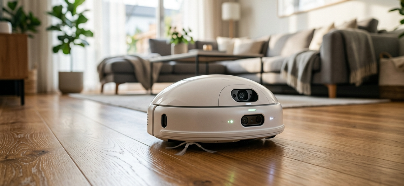 Minimalistyczny biały robot Matic z kamerami na jasnej podłodze w słonecznym salonie. Nowoczesny robot sprzątający – Polska i świat.