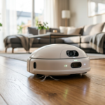 Minimalistyczny biały robot Matic z kamerami na jasnej podłodze w słonecznym salonie. Nowoczesny robot sprzątający – Polska i świat.