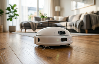 Minimalistyczny biały robot Matic z kamerami na jasnej podłodze w słonecznym salonie. Nowoczesny robot sprzątający – Polska i świat.