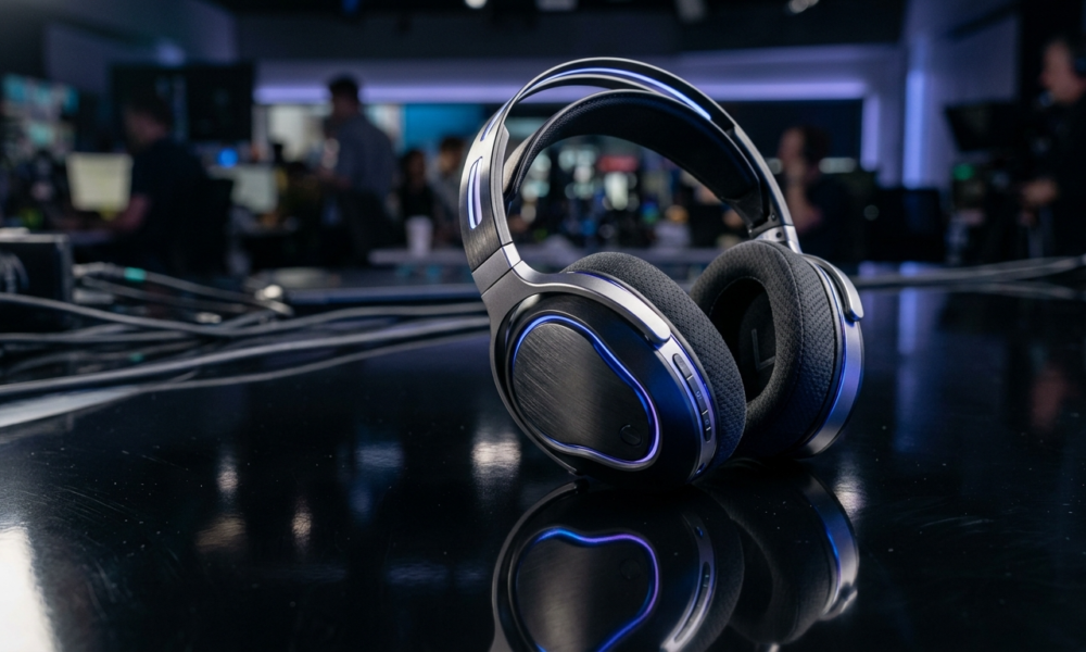 Słuchawki Samsung Galaxy H1 z metalicznym połyskiem i neonami na ciemnym tle. Nowoczesny gadżet w Polska i świat rzucający wyzwanie Apple i Sony.