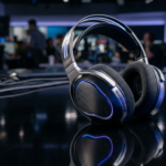 Słuchawki Samsung Galaxy H1 z metalicznym połyskiem i neonami na ciemnym tle. Nowoczesny gadżet w Polska i świat rzucający wyzwanie Apple i Sony.