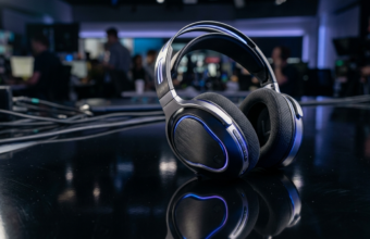 Słuchawki Samsung Galaxy H1 z metalicznym połyskiem i neonami na ciemnym tle. Nowoczesny gadżet w Polska i świat rzucający wyzwanie Apple i Sony.