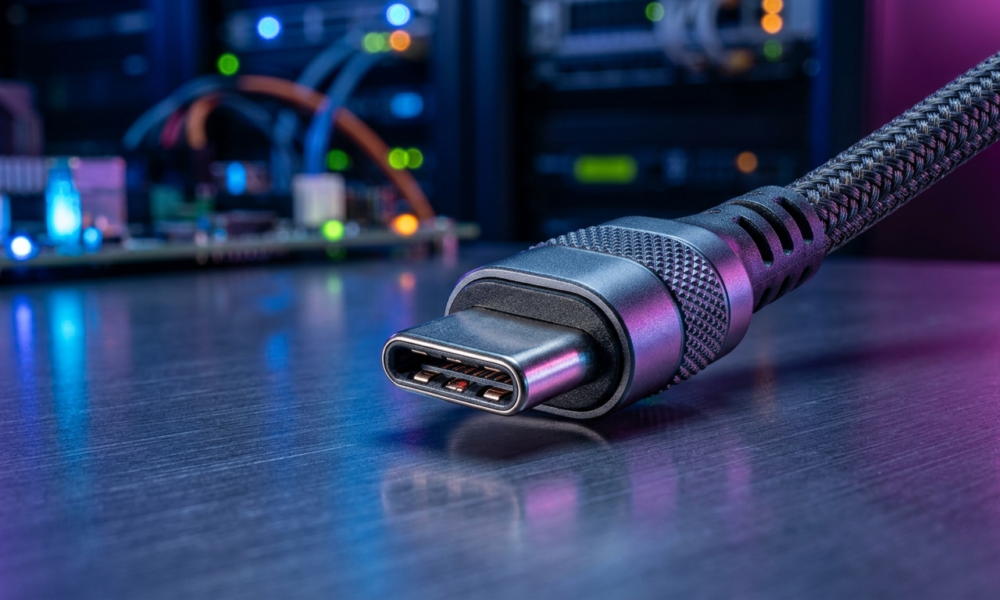 Zbliżenie makro na wtyk USB-C standard USB4. Pleciony kabel i precyzyjne piny w neonowym świetle. Nowoczesna technologia komputerowa, Polska i świat.