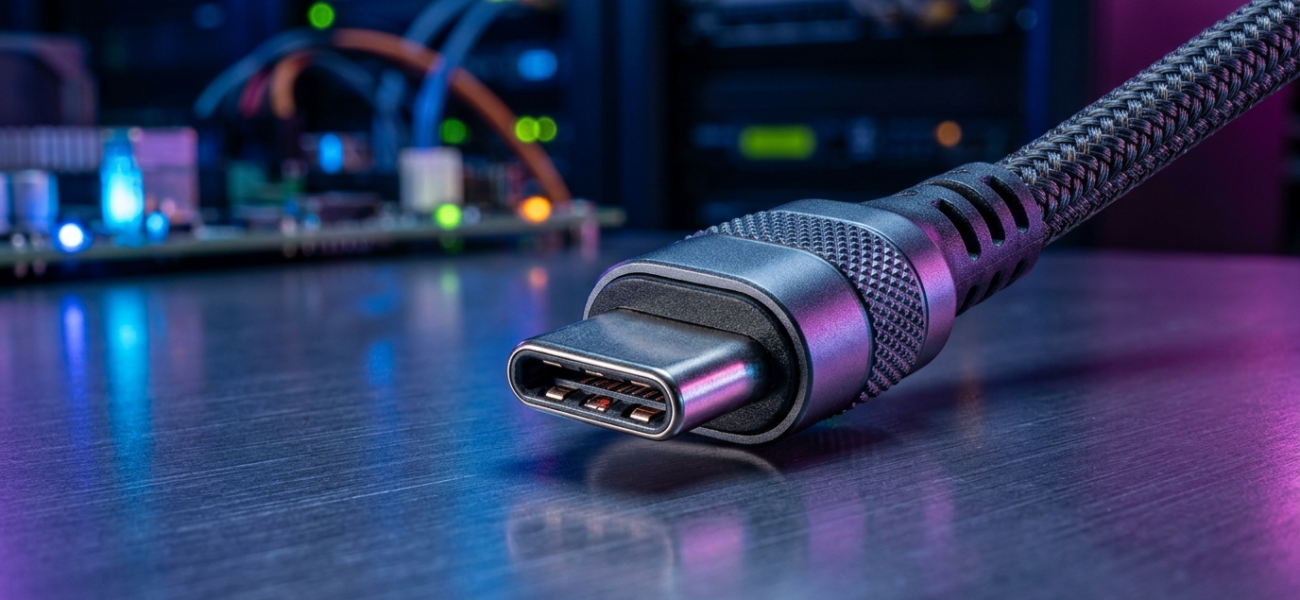 Zbliżenie makro na wtyk USB-C standard USB4. Pleciony kabel i precyzyjne piny w neonowym świetle. Nowoczesna technologia komputerowa, Polska i świat.