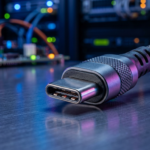 Zbliżenie makro na wtyk USB-C standard USB4. Pleciony kabel i precyzyjne piny w neonowym świetle. Nowoczesna technologia komputerowa, Polska i świat.