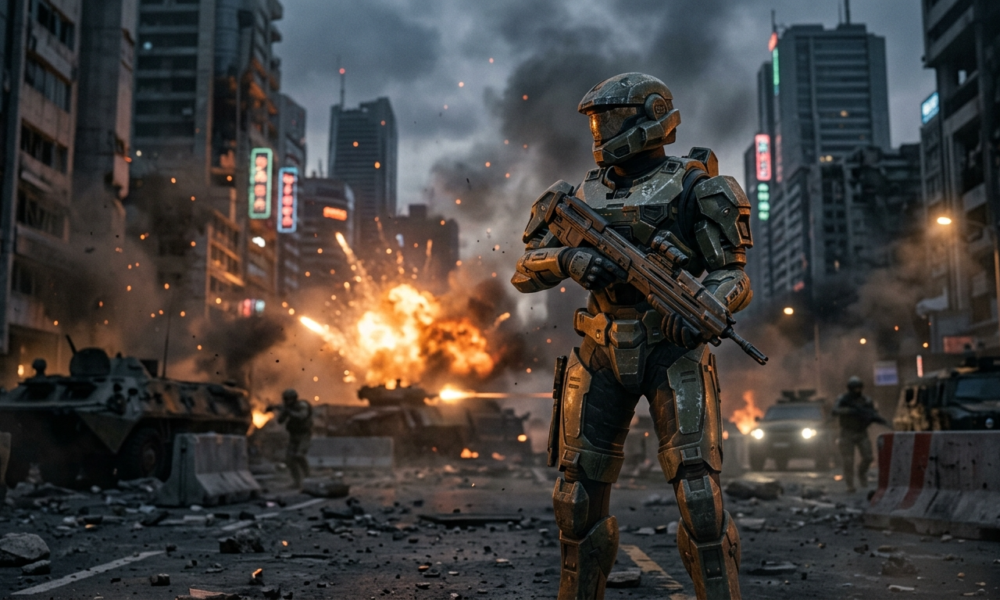 Ranny Spartan na zadymionym polu bitwy. Nowa kampania Halo w stylu Call of Duty, rozbłyski i mroczna architektura. Gaming i kultura, Polska i świat.