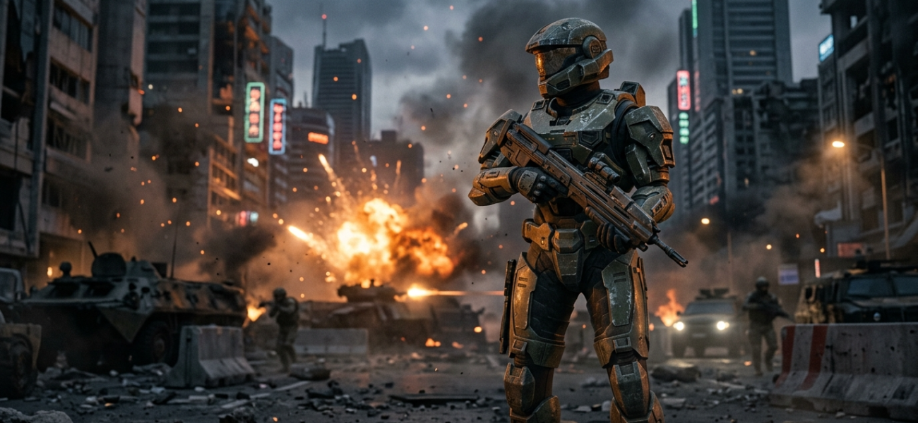 Ranny Spartan na zadymionym polu bitwy. Nowa kampania Halo w stylu Call of Duty, rozbłyski i mroczna architektura. Gaming i kultura, Polska i świat.