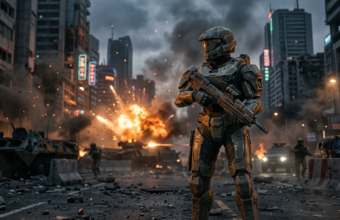 Ranny Spartan na zadymionym polu bitwy. Nowa kampania Halo w stylu Call of Duty, rozbłyski i mroczna architektura. Gaming i kultura, Polska i świat.