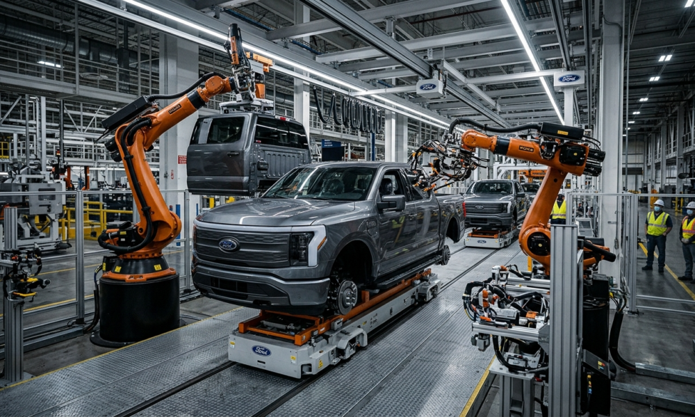 Robotyczne ramiona montują pickupa Fathom w fabryce Forda w Louisville. Nowoczesna linia modułowa, zaawansowana technologia, motoryzacja, Polska i świat.