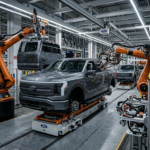 Robotyczne ramiona montują pickupa Fathom w fabryce Forda w Louisville. Nowoczesna linia modułowa, zaawansowana technologia, motoryzacja, Polska i świat.