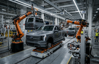 Robotyczne ramiona montują pickupa Fathom w fabryce Forda w Louisville. Nowoczesna linia modułowa, zaawansowana technologia, motoryzacja, Polska i świat.