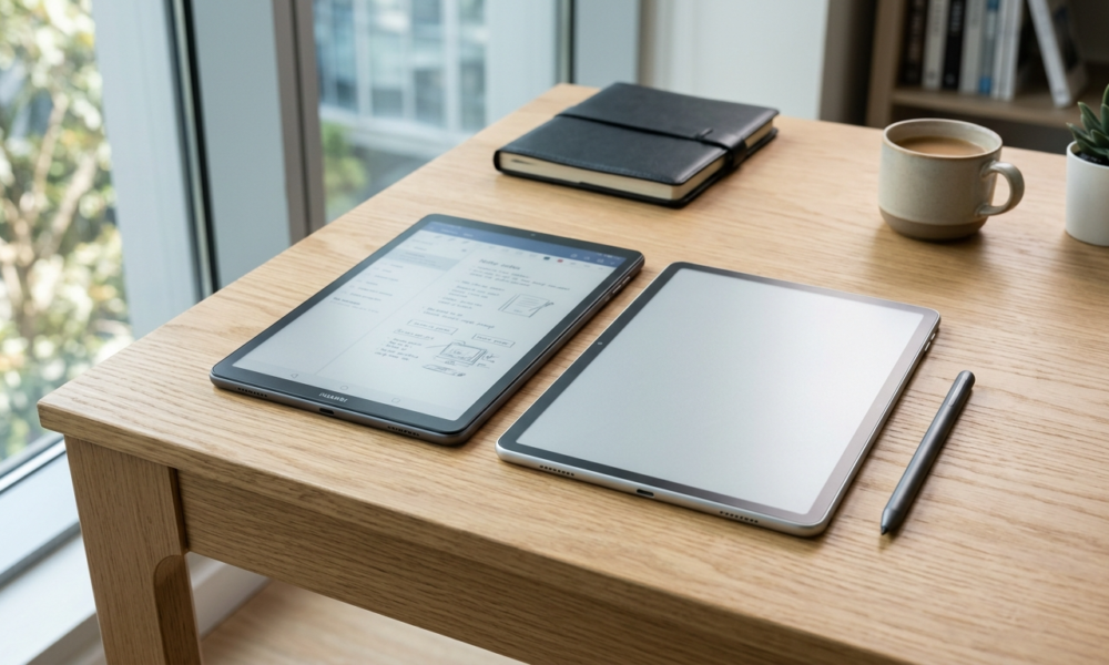 Smukłe tablety HUAWEI MatePad Air i Pro Max z matowym ekranem i rysikiem na biurku. Metalowy design, tekstura papieru. Nowoczesny sprzęt – Polska i świat.