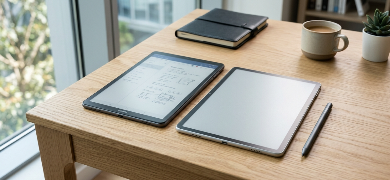 Smukłe tablety HUAWEI MatePad Air i Pro Max z matowym ekranem i rysikiem na biurku. Metalowy design, tekstura papieru. Nowoczesny sprzęt – Polska i świat.