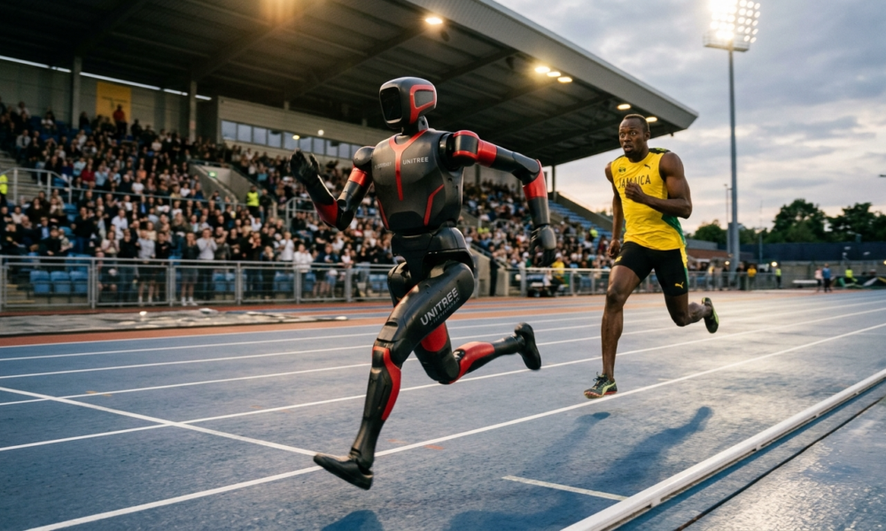 Chiński robot Unitree Superman wyprzedza Usaina Bolta na bieżni. Polska i świat, technologia przyszłości. Dynamiczny sprint humanoida z karbonu, motion blur.