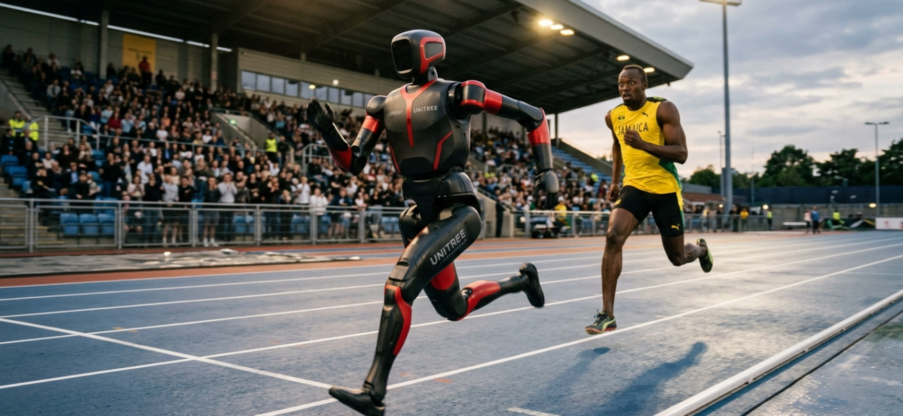 Chiński robot Unitree Superman wyprzedza Usaina Bolta na bieżni. Polska i świat, technologia przyszłości. Dynamiczny sprint humanoida z karbonu, motion blur.
