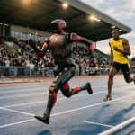 Chiński robot Unitree Superman wyprzedza Usaina Bolta na bieżni. Polska i świat, technologia przyszłości. Dynamiczny sprint humanoida z karbonu, motion blur.