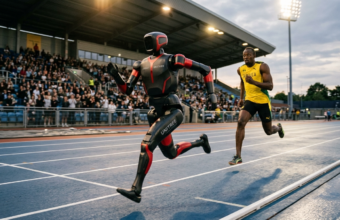 Chiński robot Unitree Superman wyprzedza Usaina Bolta na bieżni. Polska i świat, technologia przyszłości. Dynamiczny sprint humanoida z karbonu, motion blur.