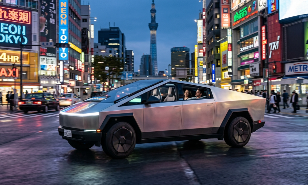 Srebrna Tesla Cybercab bez kierownicy w świetle neonów. Futurystyczny, aerodynamiczny profil i minimalistyczne wnętrze. Motoryzacja – Polska i świat.
