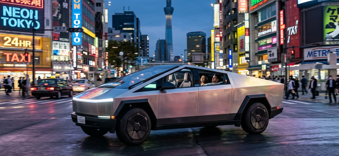 Srebrna Tesla Cybercab bez kierownicy w świetle neonów. Futurystyczny, aerodynamiczny profil i minimalistyczne wnętrze. Motoryzacja – Polska i świat.