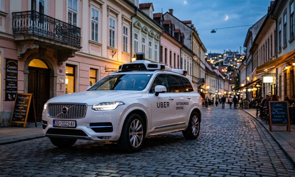 Biały autonomiczny Uber z czujnikami LIDAR na brukowanej ulicy. Nowoczesna mobilność i technologia, Polska i świat. Futurystyczny samochód o zmierzchu.