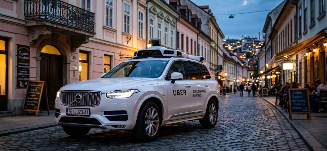 Biały autonomiczny Uber z czujnikami LIDAR na brukowanej ulicy. Nowoczesna mobilność i technologia, Polska i świat. Futurystyczny samochód o zmierzchu.