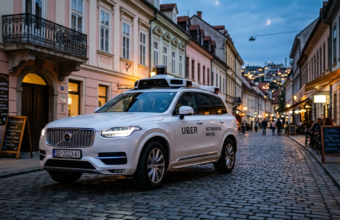 Biały autonomiczny Uber z czujnikami LIDAR na brukowanej ulicy. Nowoczesna mobilność i technologia, Polska i świat. Futurystyczny samochód o zmierzchu.