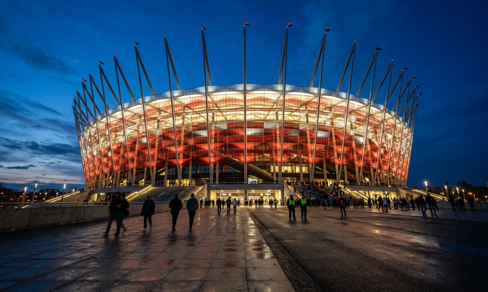 Podświetlony Stadion Narodowy w Warszawie, Polska. Biało-czerwona elewacja o zmierzchu. Orlen inwestuje w prawa do nazwy tej prestiżowej areny biznesowej.