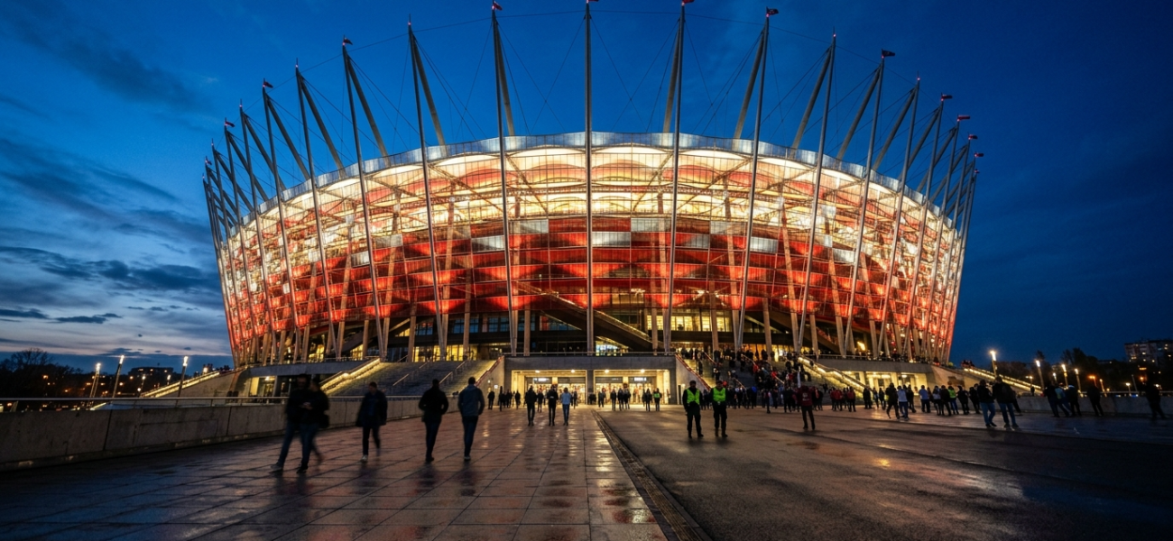 Podświetlony Stadion Narodowy w Warszawie, Polska. Biało-czerwona elewacja o zmierzchu. Orlen inwestuje w prawa do nazwy tej prestiżowej areny biznesowej.