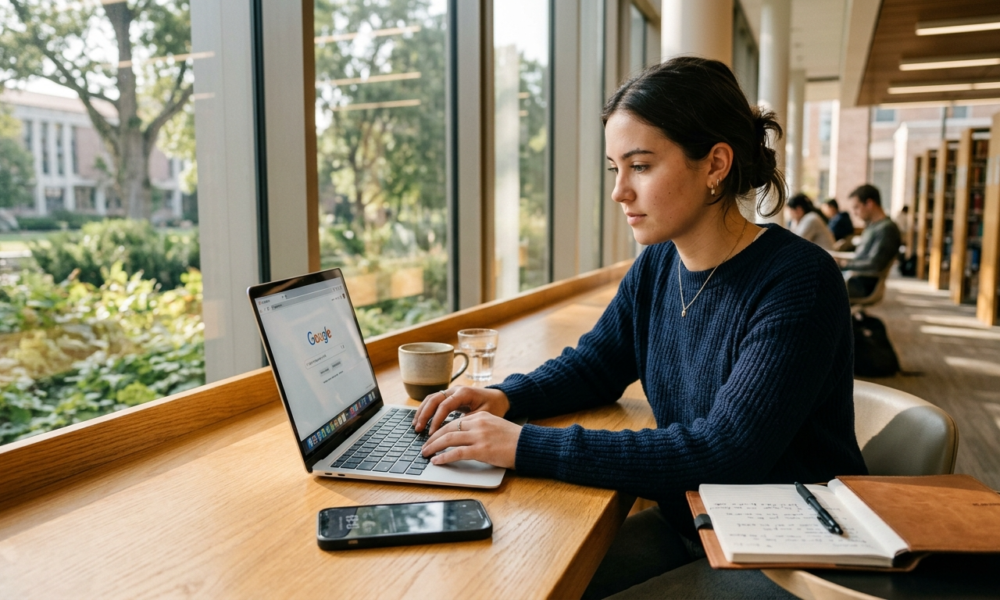 Student przy laptopie na jasnym biurku. Ekran Google, pakiet Gemini AI Plus i dysk 400 GB dla studentów. Nowoczesny lifestyle tech w Polska i świat.