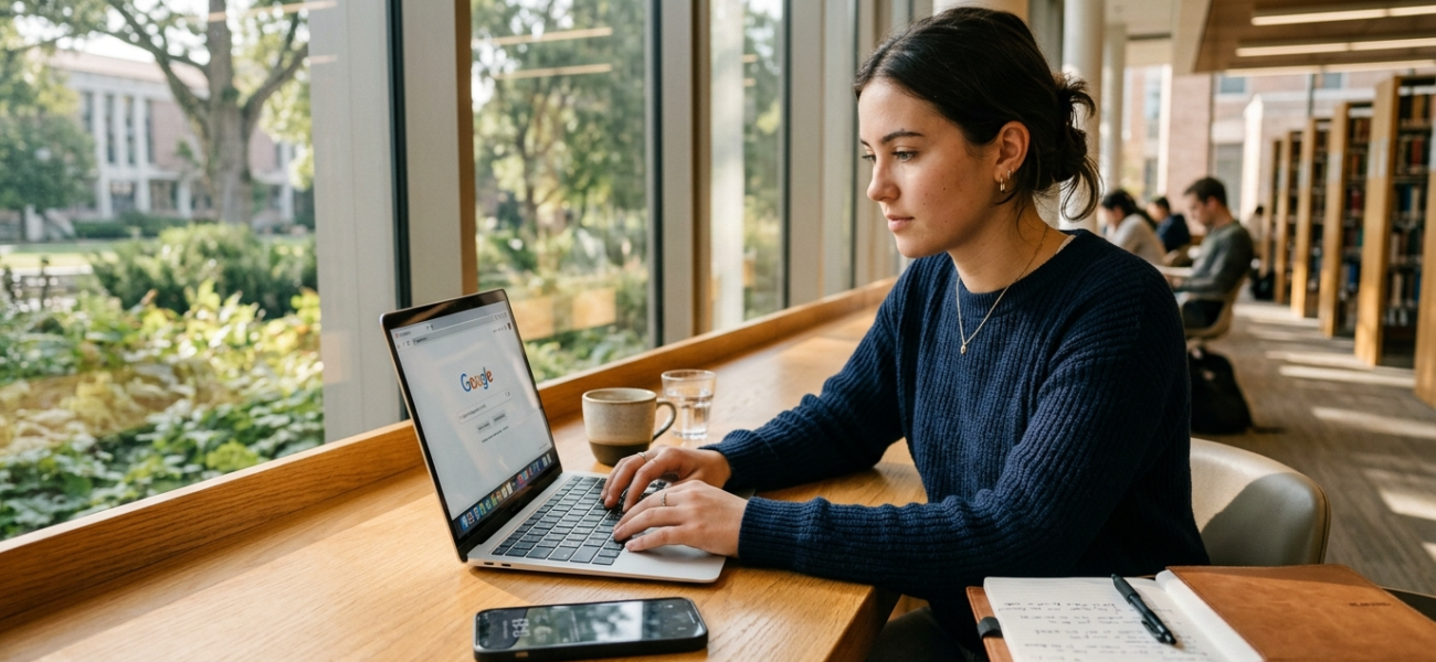 Student przy laptopie na jasnym biurku. Ekran Google, pakiet Gemini AI Plus i dysk 400 GB dla studentów. Nowoczesny lifestyle tech w Polska i świat.
