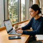 Darmowy pakiet Google AI Plus dla studentów: asystent Gemini i dysk 400 GB Student przy laptopie na jasnym biurku. Ekran Google, pakiet Gemini AI Plus i dysk 400 GB dla studentów. Nowoczesny lifestyle tech w Polska i świat.