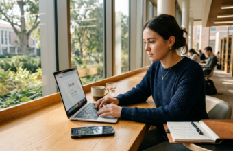 Student przy laptopie na jasnym biurku. Ekran Google, pakiet Gemini AI Plus i dysk 400 GB dla studentów. Nowoczesny lifestyle tech w Polska i świat.