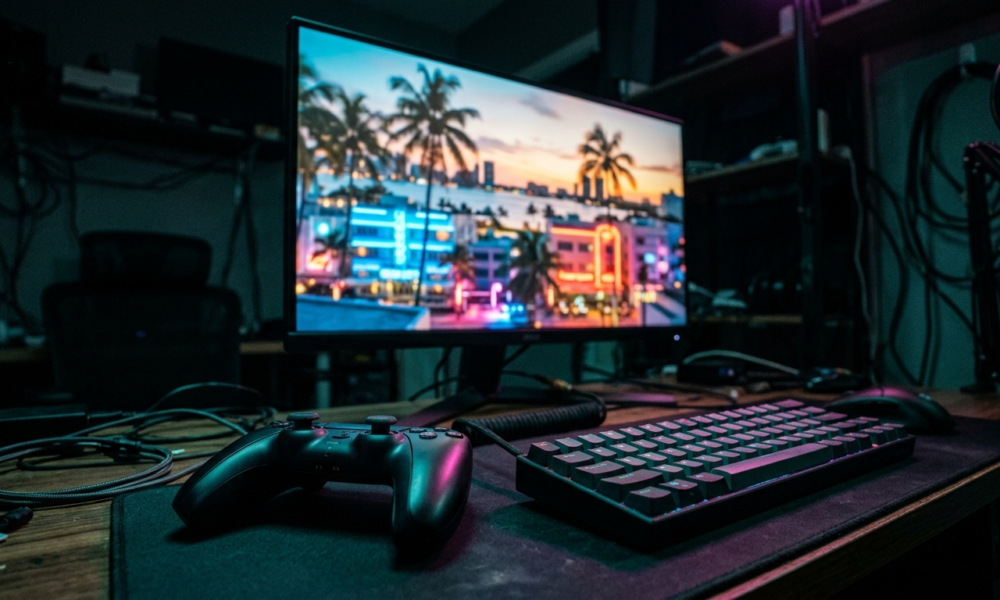 Monitor z neonowym GTA 6, klawiatura i pad w mrocznym pokoju. Wyciek danych gry śledzi Polska i świat. Tropikalne palmy, zachód słońca i kultura cyfrowa.