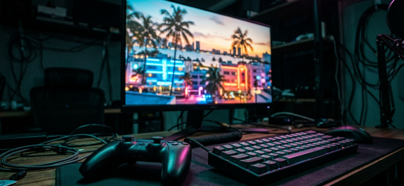 Monitor z neonowym GTA 6, klawiatura i pad w mrocznym pokoju. Wyciek danych gry śledzi Polska i świat. Tropikalne palmy, zachód słońca i kultura cyfrowa.