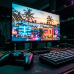 Kolejny wyciek danych ujawnia działającą wersję gry GTA 6 Monitor z neonowym GTA 6, klawiatura i pad w mrocznym pokoju. Wyciek danych gry śledzi Polska i świat. Tropikalne palmy, zachód słońca i kultura cyfrowa.