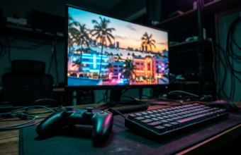 Monitor z neonowym GTA 6, klawiatura i pad w mrocznym pokoju. Wyciek danych gry śledzi Polska i świat. Tropikalne palmy, zachód słońca i kultura cyfrowa.