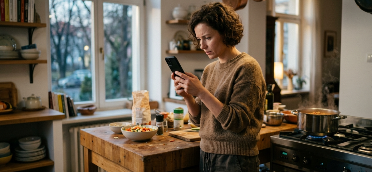 Osoba w kuchni trzyma smartfon szukając przepisu. Nauka i technologie przyszłości – Polska i świat. Zrzuty ekranu a wpływ na pamięć i zdolność uczenia się.
