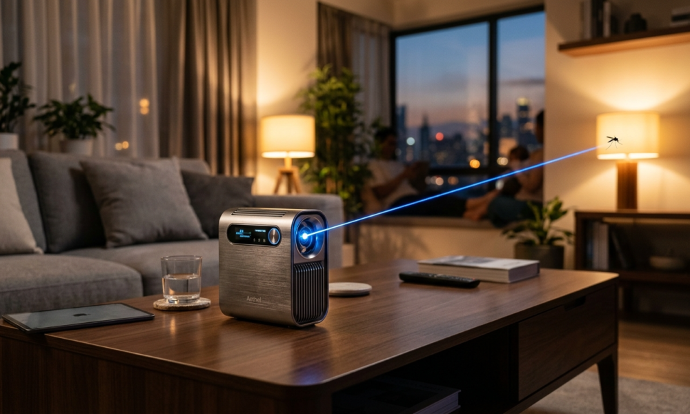 Metalowy chiński laser na komary na stoliku w salonie emituje niebieską wiązkę światła. Technologia domowa lifestyle tech. Polska i świat - nowości.