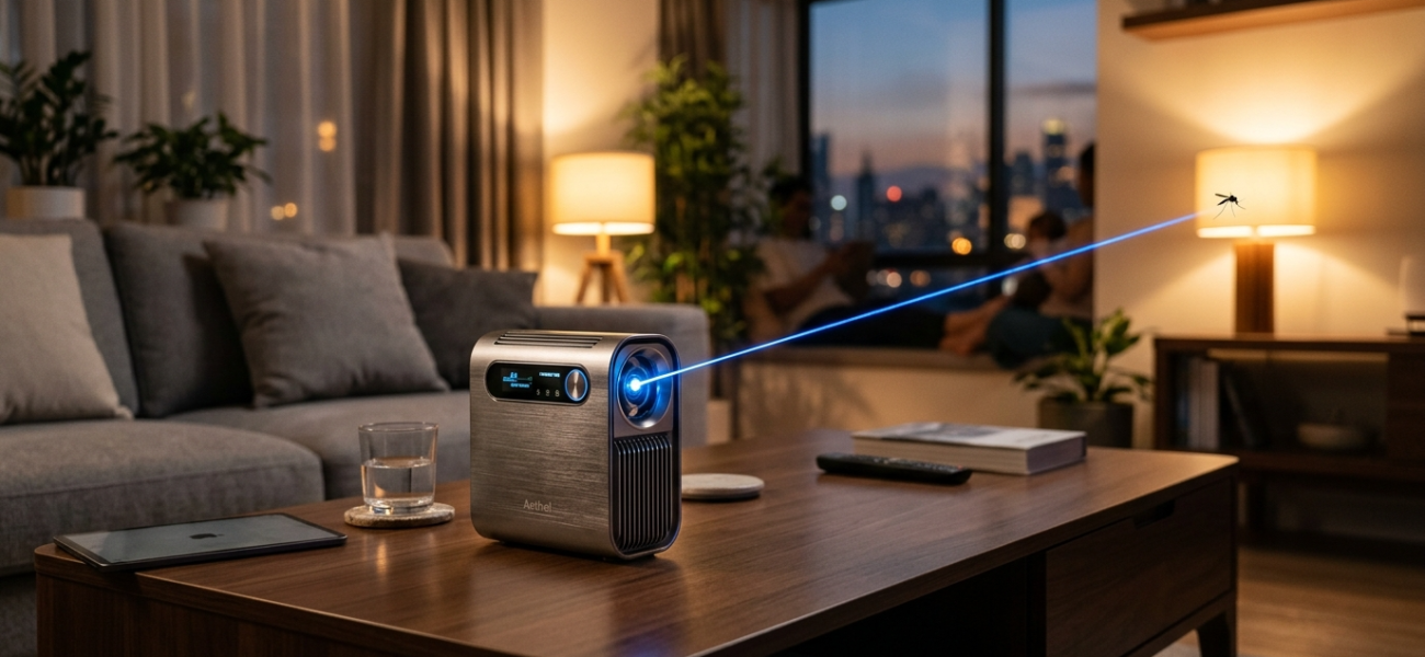 Metalowy chiński laser na komary na stoliku w salonie emituje niebieską wiązkę światła. Technologia domowa lifestyle tech. Polska i świat - nowości.