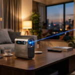 Metalowy chiński laser na komary na stoliku w salonie emituje niebieską wiązkę światła. Technologia domowa lifestyle tech. Polska i świat - nowości.