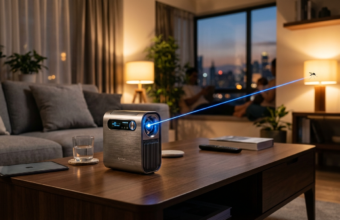 Metalowy chiński laser na komary na stoliku w salonie emituje niebieską wiązkę światła. Technologia domowa lifestyle tech. Polska i świat - nowości.