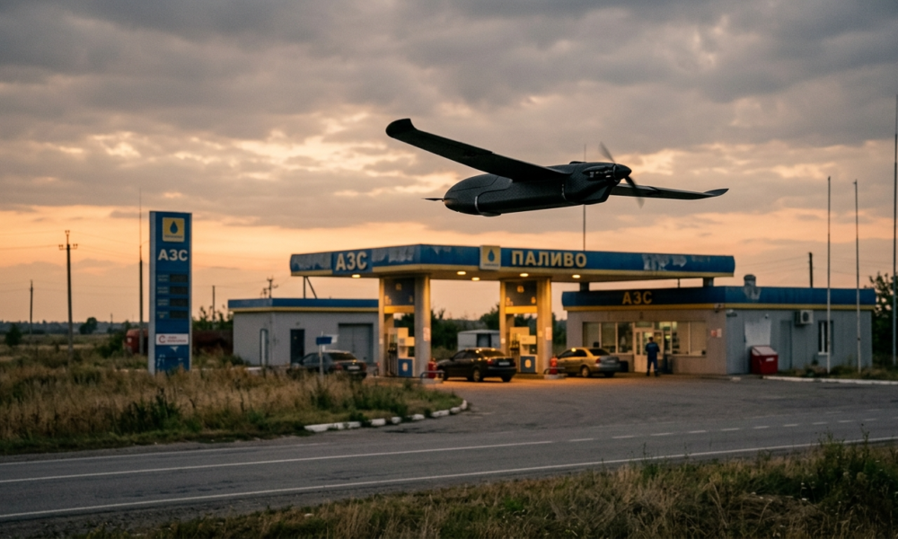 Mały rosyjski autonomiczny dron bojowy, czarny szybowiec, leci w stronę ukraińskiej stacji benzynowej. Atak drona, technologie przyszłości i ofiary cywilne.