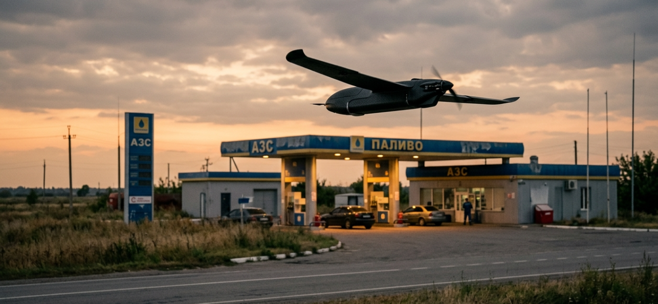 Mały rosyjski autonomiczny dron bojowy, czarny szybowiec, leci w stronę ukraińskiej stacji benzynowej. Atak drona, technologie przyszłości i ofiary cywilne.