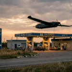 Mały rosyjski autonomiczny dron bojowy, czarny szybowiec, leci w stronę ukraińskiej stacji benzynowej. Atak drona, technologie przyszłości i ofiary cywilne.