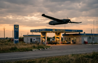 Mały rosyjski autonomiczny dron bojowy, czarny szybowiec, leci w stronę ukraińskiej stacji benzynowej. Atak drona, technologie przyszłości i ofiary cywilne.