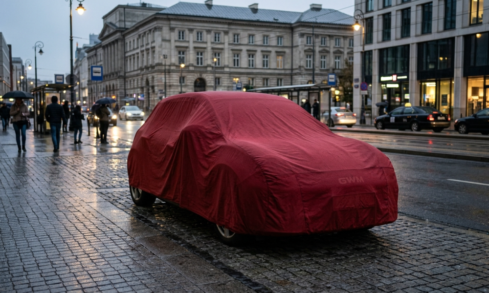 Sportowy samochód GWM Ora 5 GT pod czerwoną płachtą w mieście. Model zapowiadający polski debiut marki GWM w kategorii motoryzacja i mobilność.